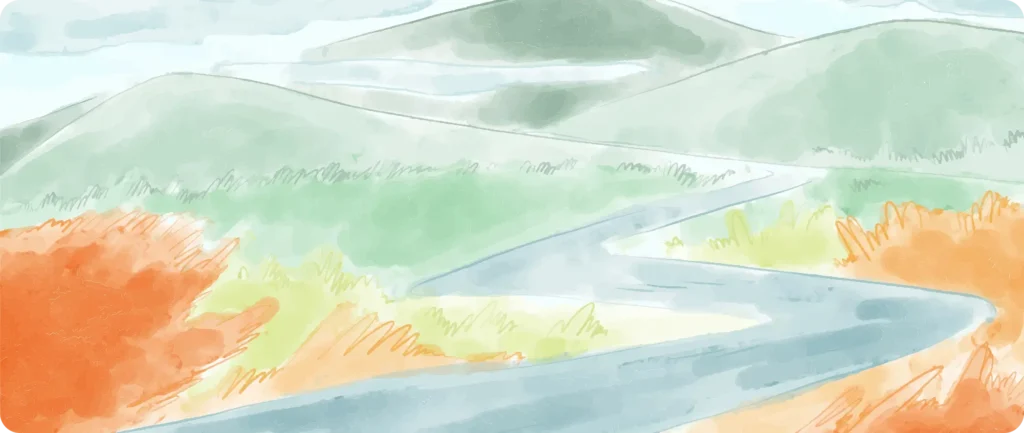 there is a drawing of a road going through a valley