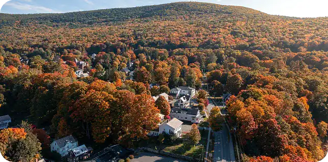 Aerial view of Easton, Massachusetts, representing local access to gambling addiction treatment in MA at Rebuilding Recovery Center.