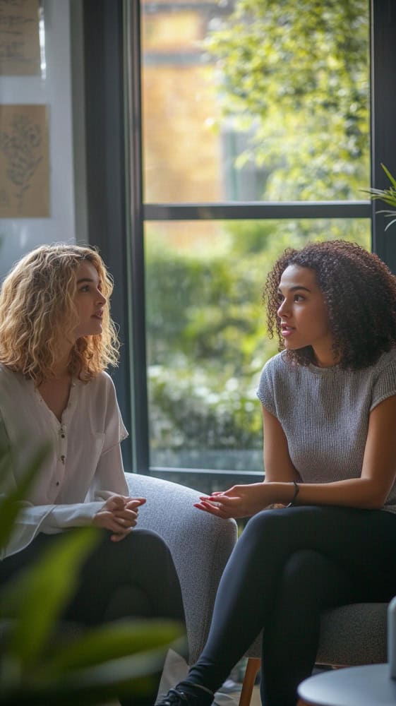 Two women enjoying time together after making progress through behavioral addiction treatment in Massachusetts at Rebuilding Recovery Center.